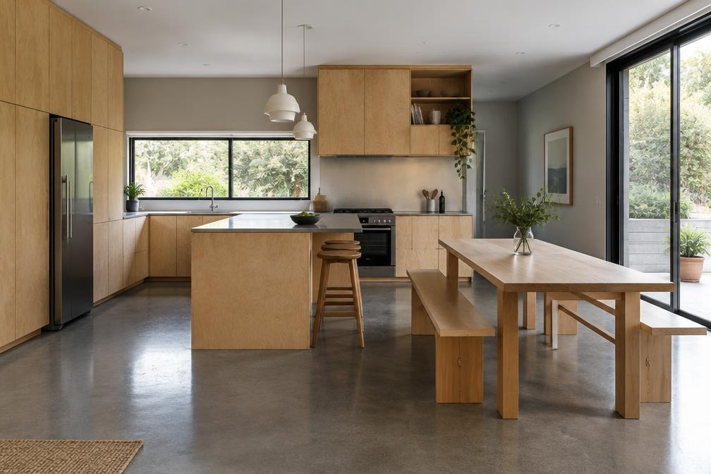 Open-plan kitchen with plywood cabinetry and a bench dining table in Waltham Forest