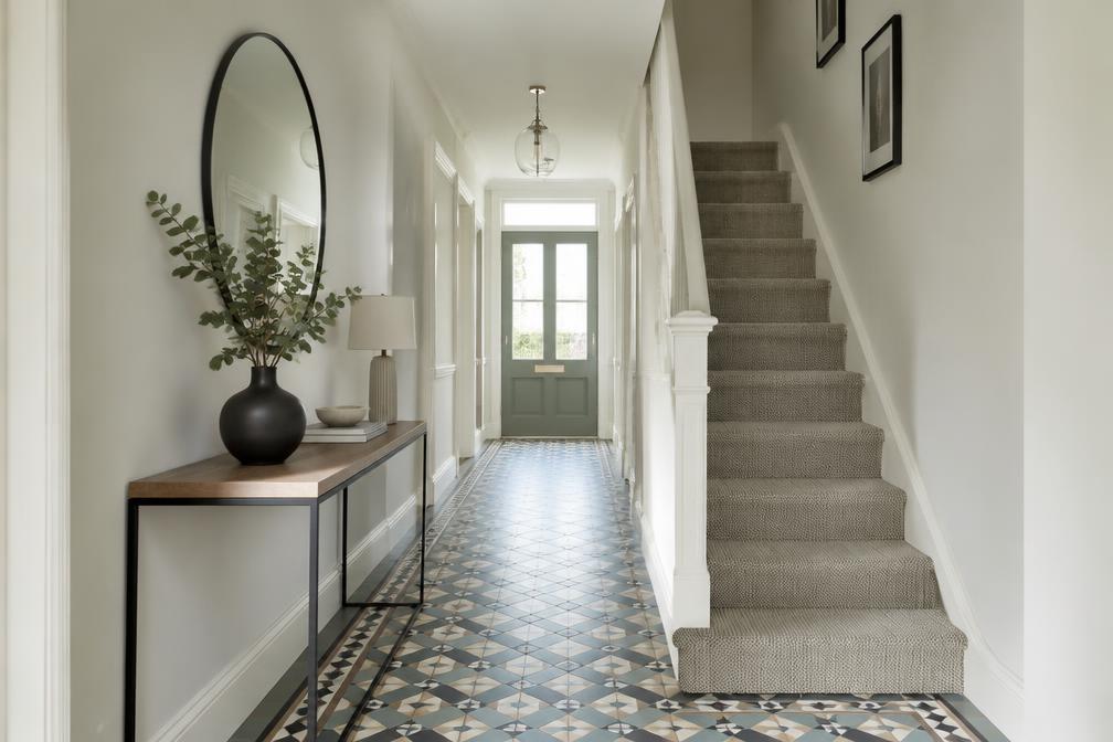 Refurbished hallway with restored encaustic tiles in Waltham Forest
