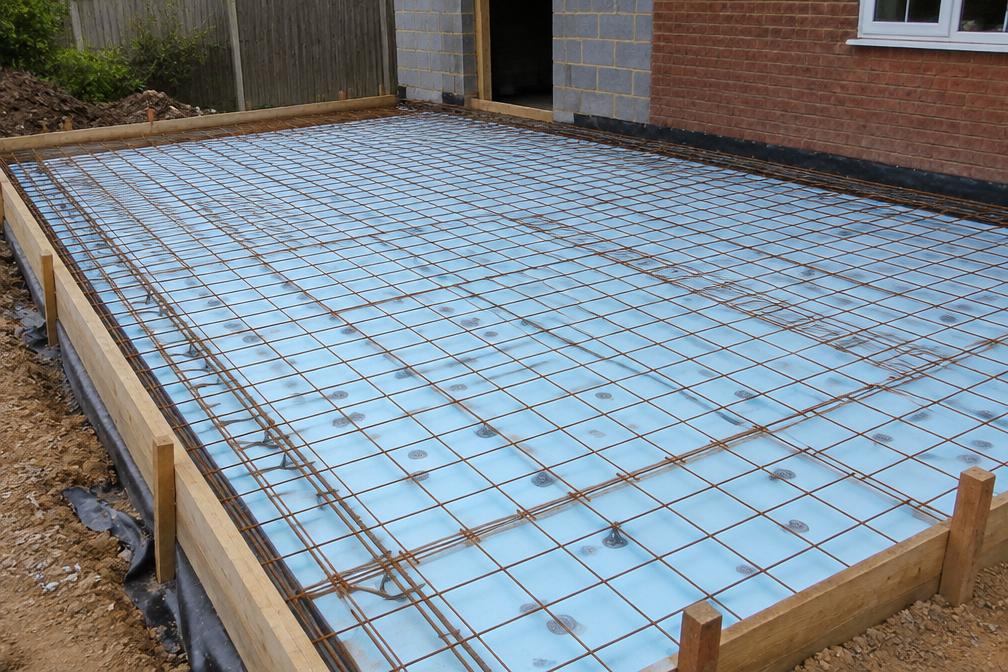 Insulation and steel mesh laid for an extension floor slab in Walthamstow