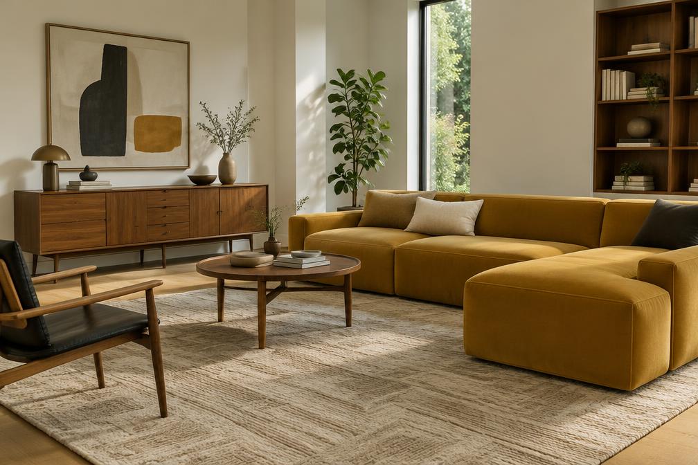 Living room with a mustard modular sofa and mid-century sideboard in Walthamstow