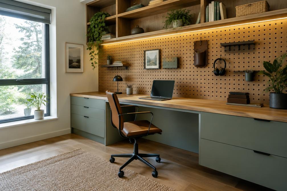Refurbished home office with built-in desk and pegboard wall in Walthamstow