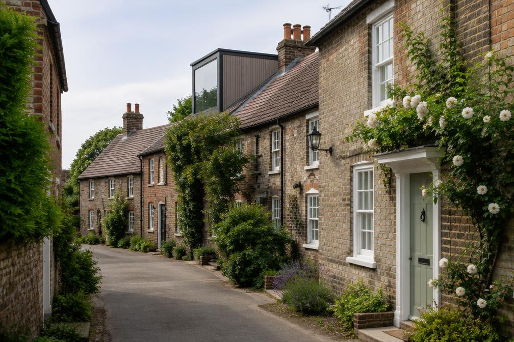 Lane of brick cottages with a discreet modern addition in Walthamstow Village