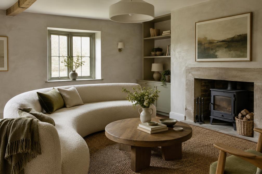 Cottage sitting room with a curved boucle sofa and limewashed walls in Walthamstow Village