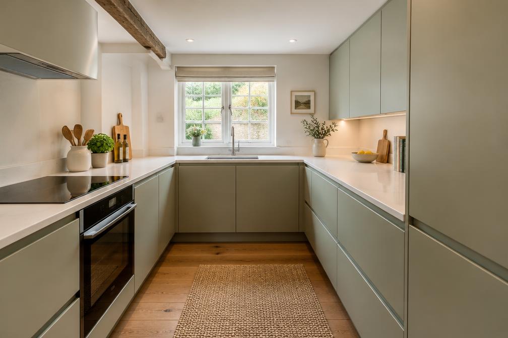 Refurbished cottage kitchen with handleless sage units in Walthamstow Village