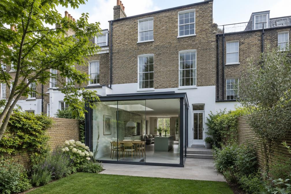 Georgian terrace with a glazed modern garden room in Wanstead