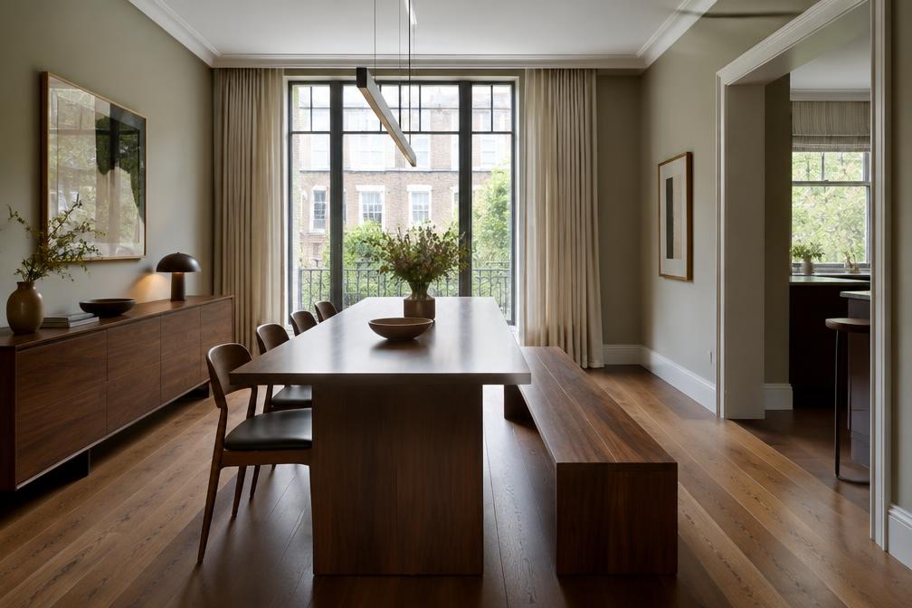 Dining room with walnut table and linear bench seating in Wanstead