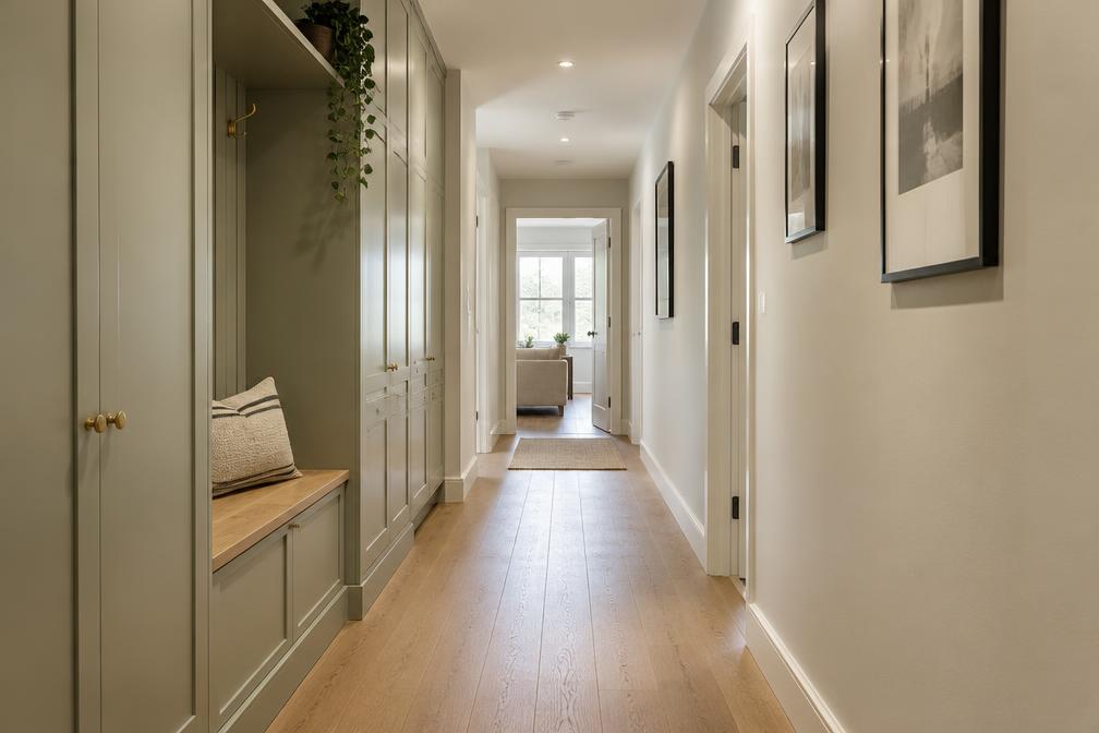 Refurbished hallway with oak floor and built-in storage in Wanstead