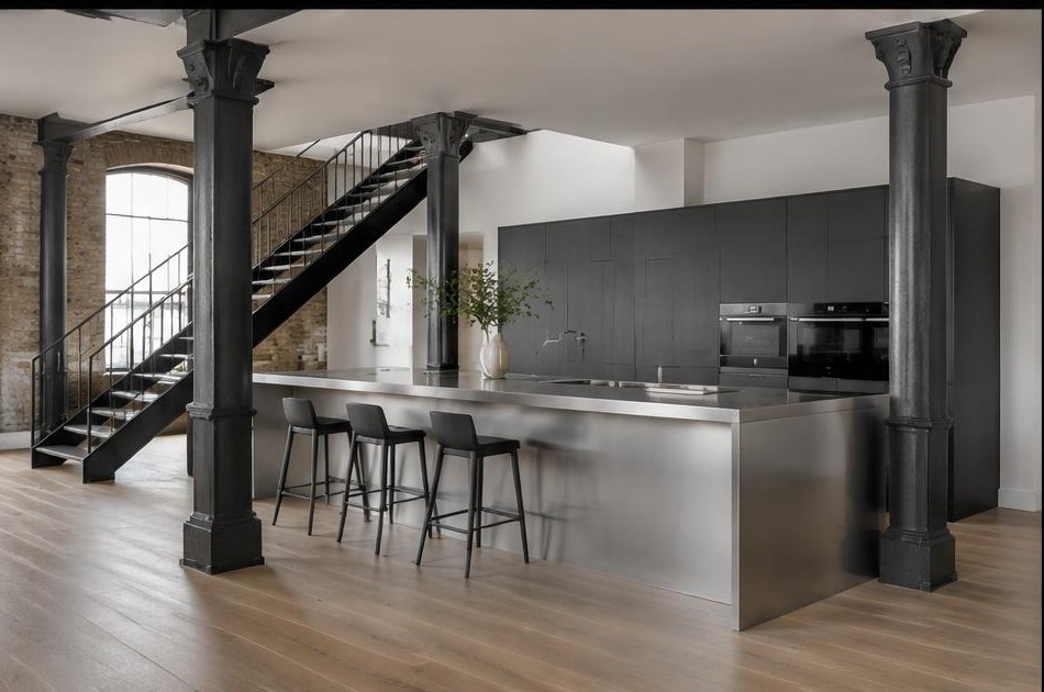 Completed contemporary kitchen with open staircase and garden glazing in Wapping