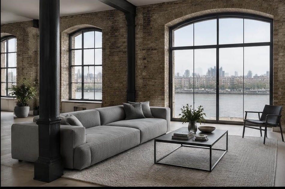 Minimalist living space with local residential garden views in Wapping