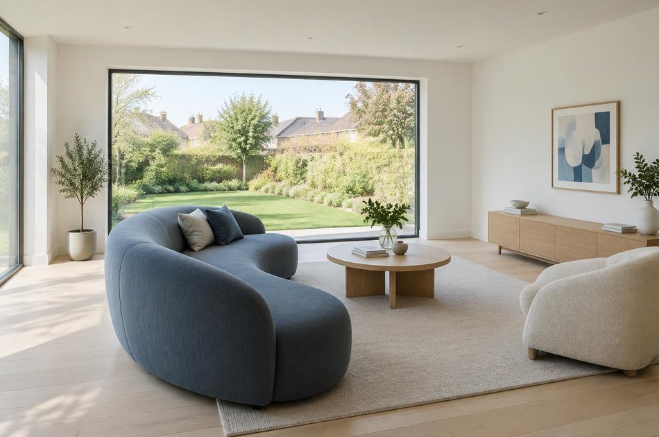 Contemporary living space opening onto a garden in Wembley