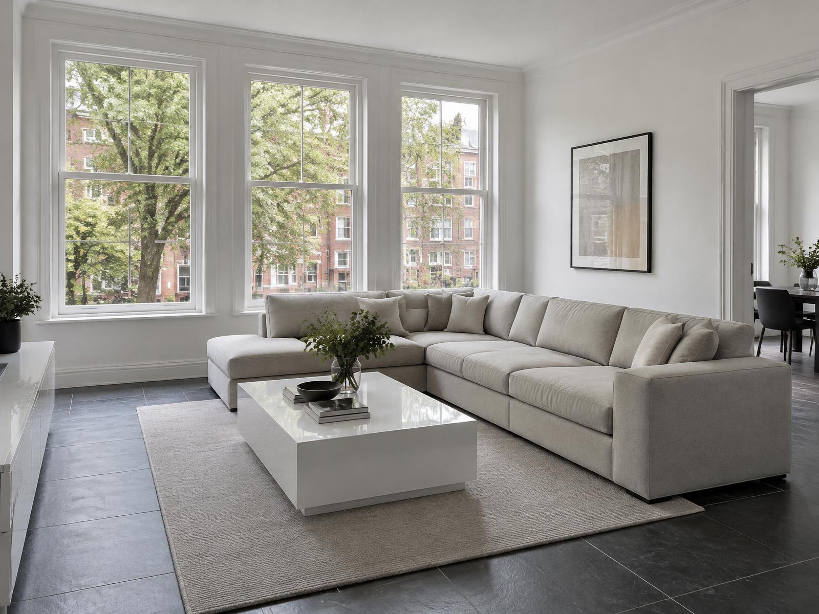 Minimalist mansion flat with a square-edged grey sofa and windows onto mature trees