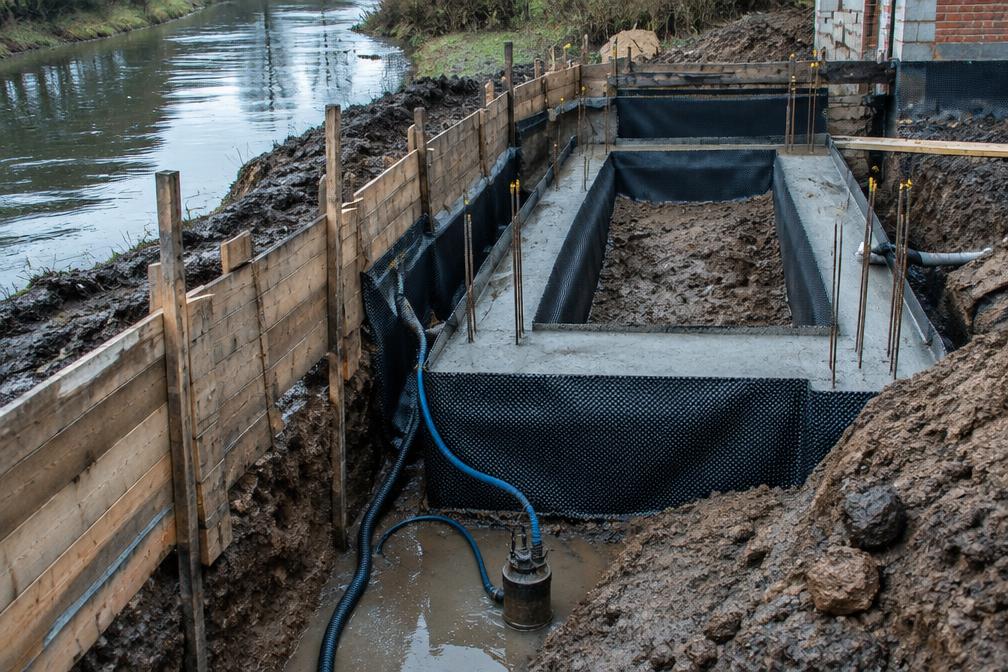 Waterproofed extension footings on riverside ground in West Drayton