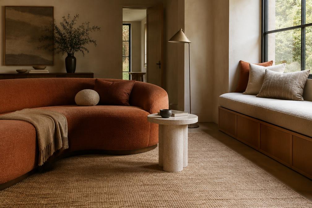Snug sitting room with a curved sofa and window seat in West Drayton