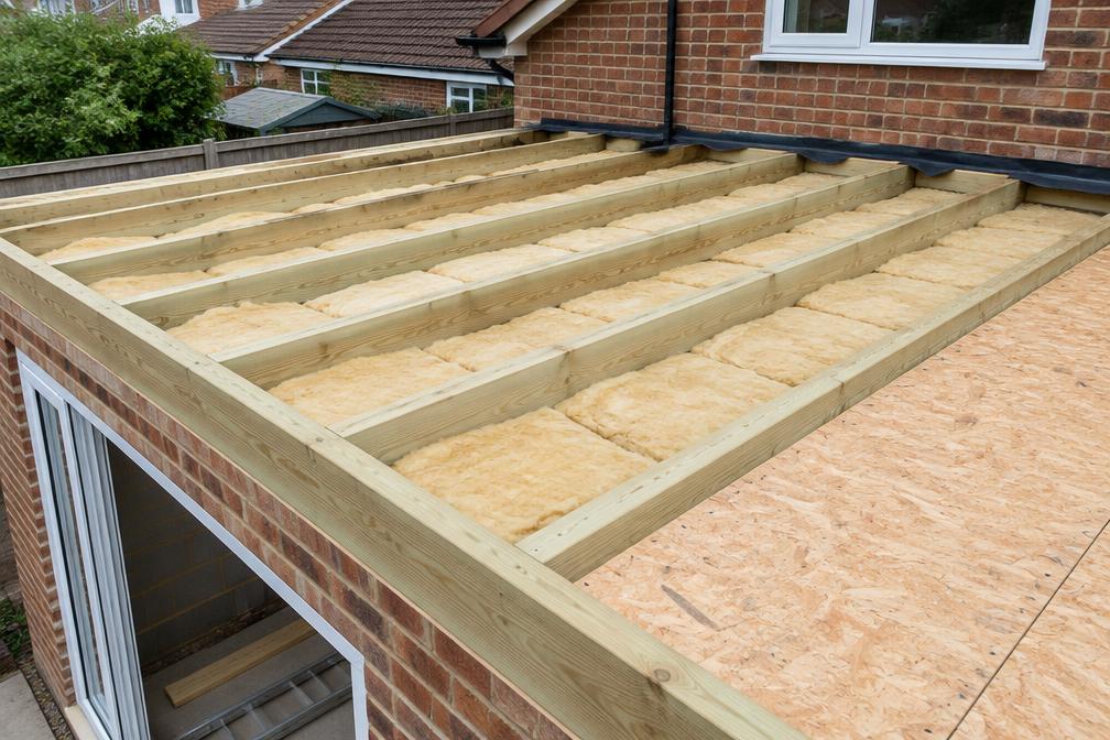 Builder installing insulation and joists in a rear extension roof