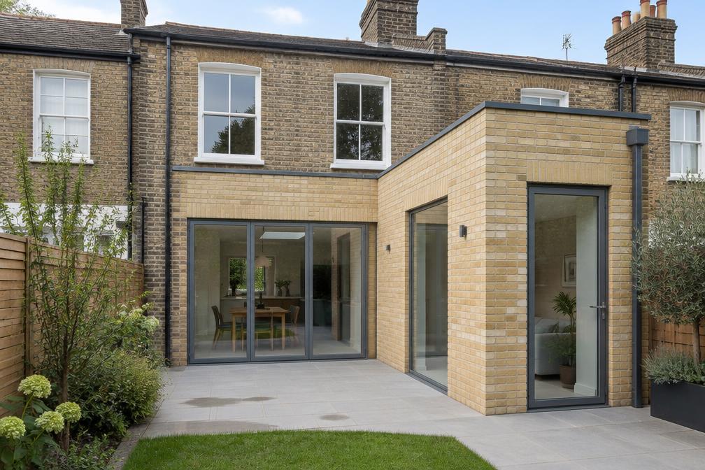 Victorian terraced house with a pale brick L-shaped rear extension and slim aluminium doors