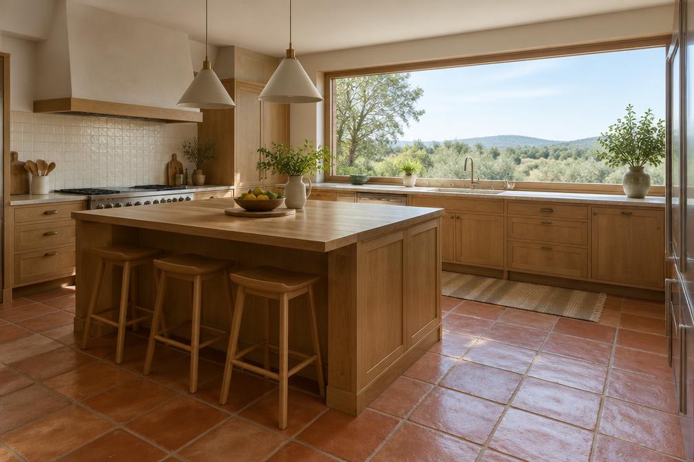 Kitchen with terracotta tiled floor, oak island and a large picture window