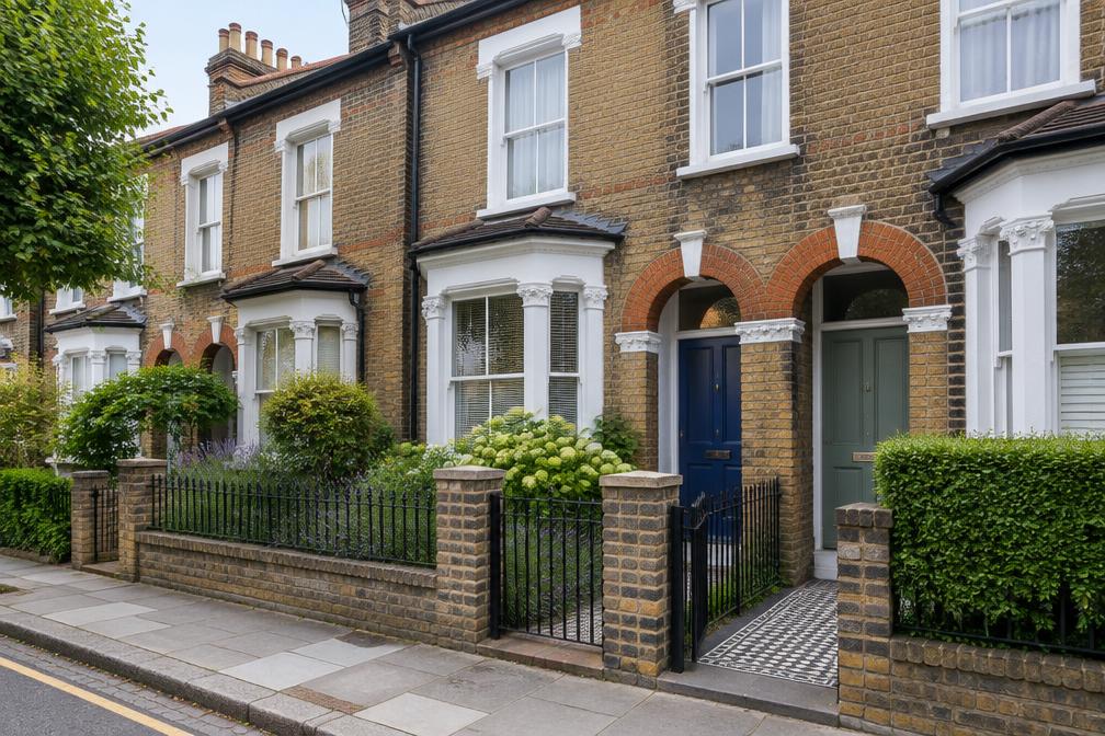 Victorian terrace with brick arches above doors and small front gardens