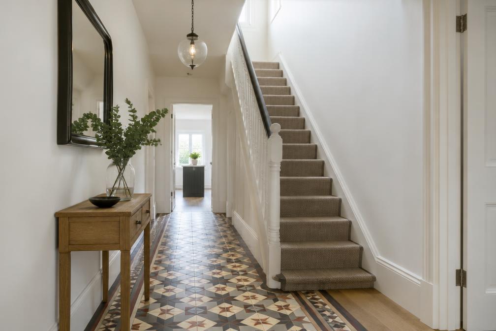 Refurbished hallway with encaustic-style tiles, white walls and slim stair rail
