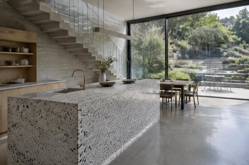Contemporary kitchen with an open staircase and glazing onto a residential garden in West Norwood
