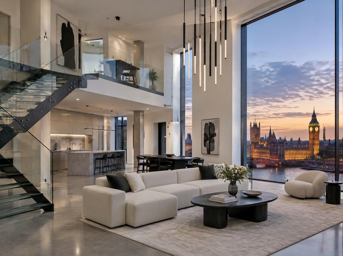 Bright double-height contemporary interior with steel-and-glass mezzanine stair, its full-height window framing the Westminster skyline at dusk