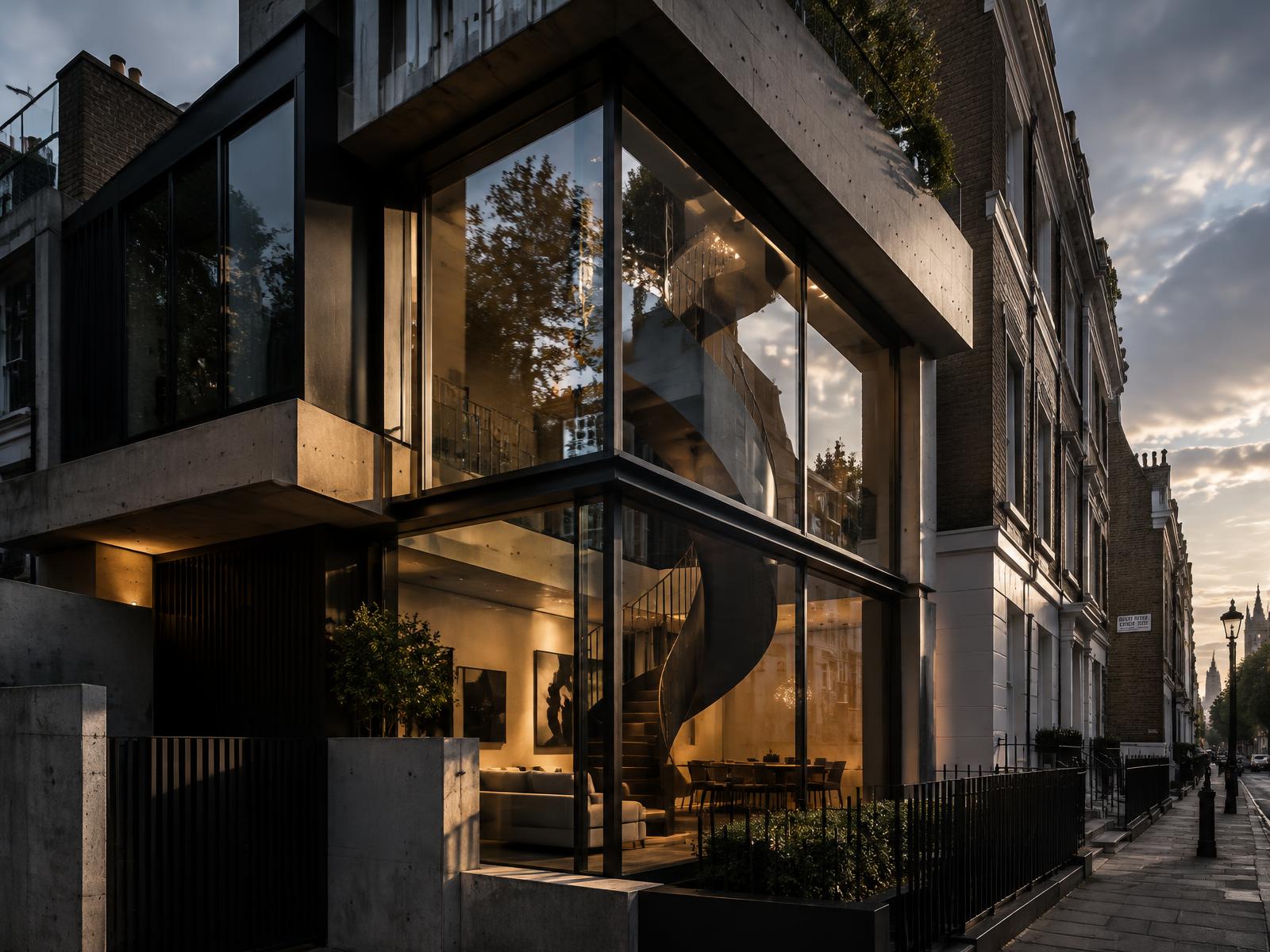 Low-angle corner view of a bold concrete and glass residential extension with a sculptural spiral stair on a Westminster street