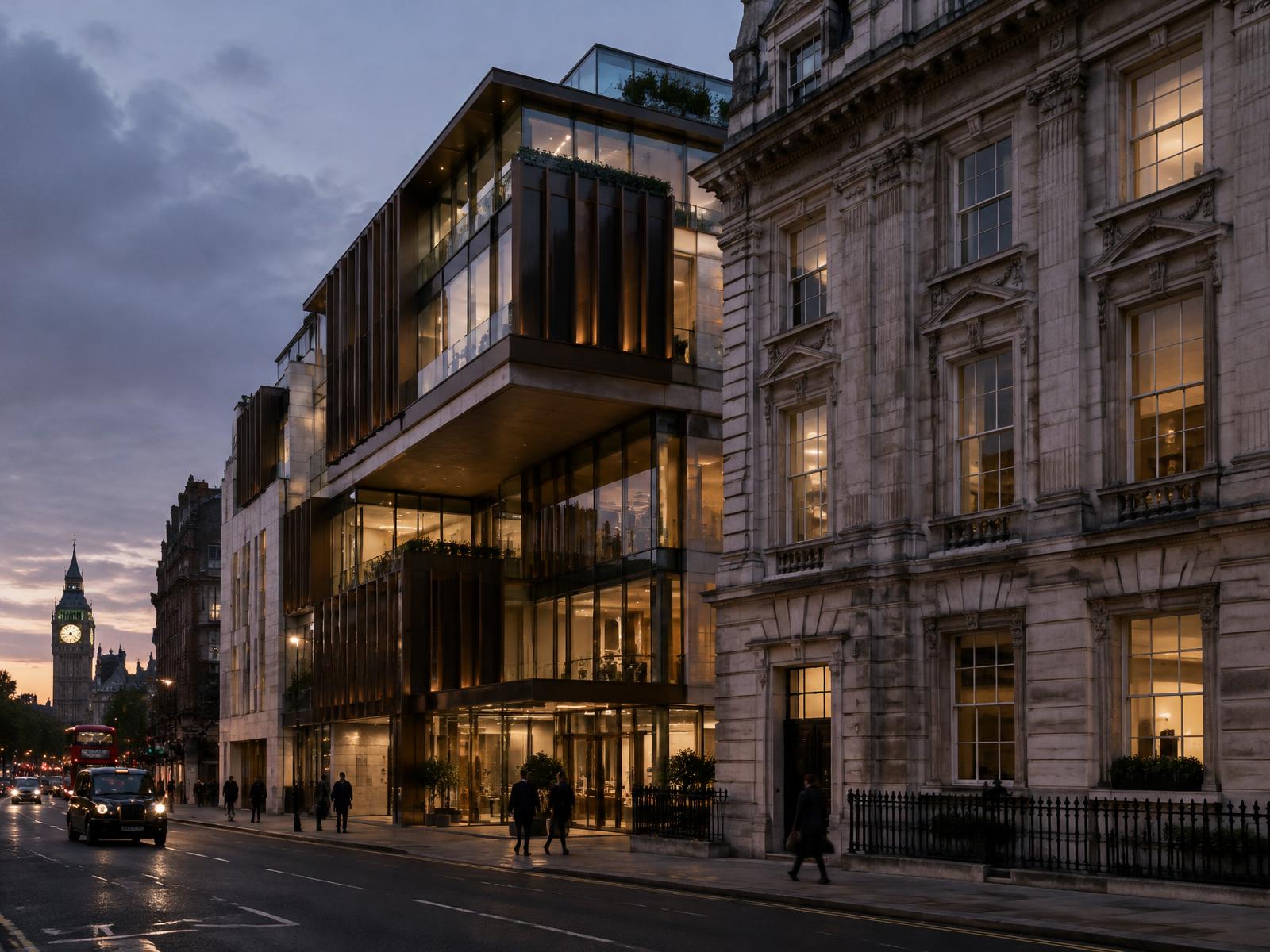 Striking contemporary glass and stone building standing directly beside a classic Portland-stone building on a Westminster street at dusk