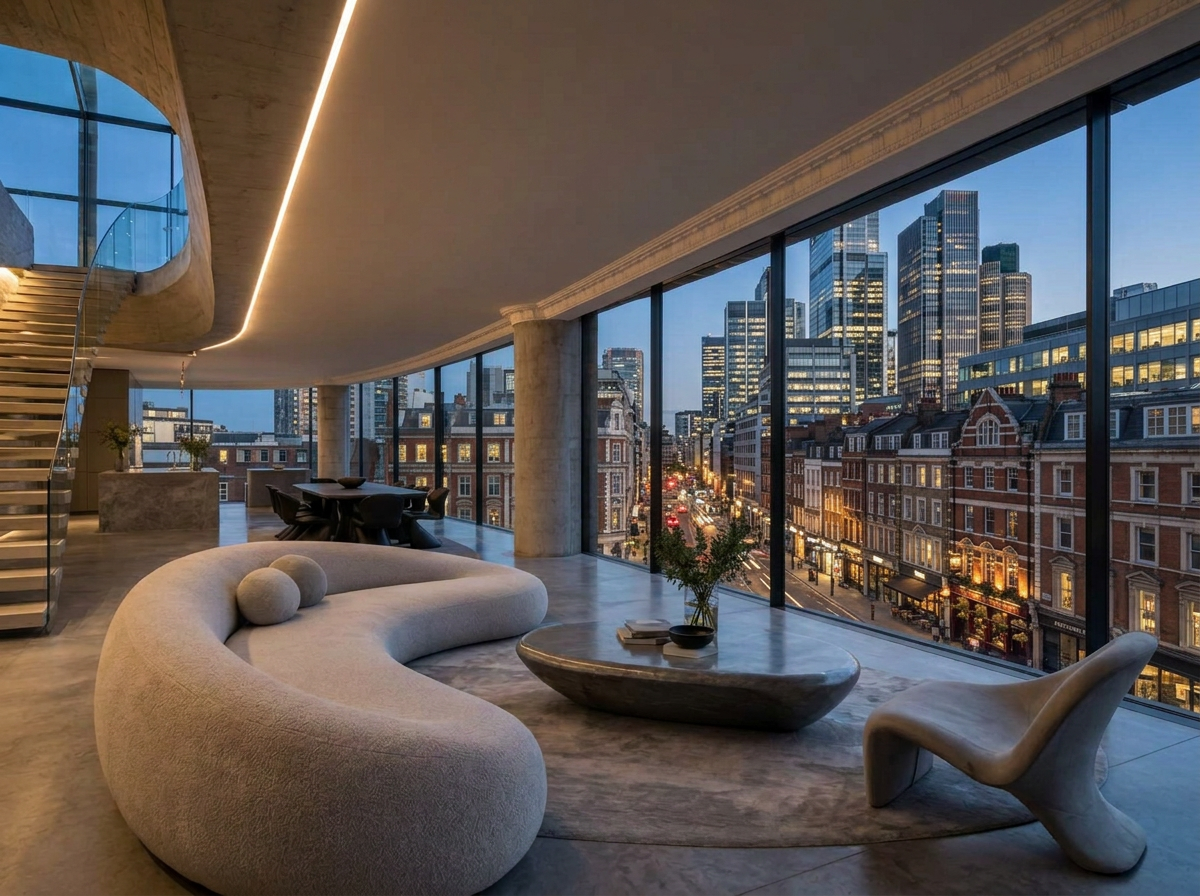 Bold contemporary interior with sculptural curved furniture and exposed concrete, its glazing framing the illuminated Palace of Westminster at dusk