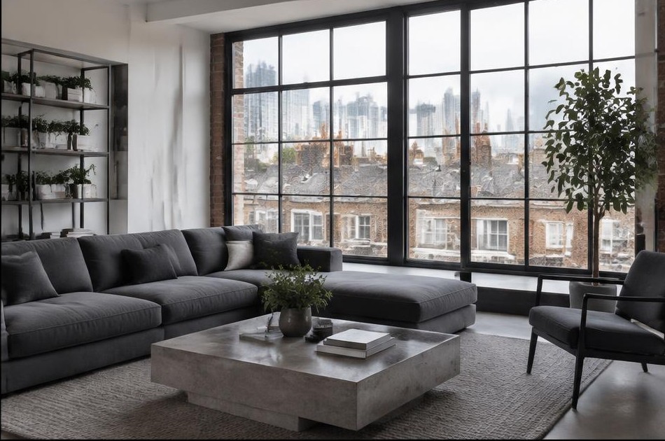 Minimalist living space with local residential garden views in Whitechapel
