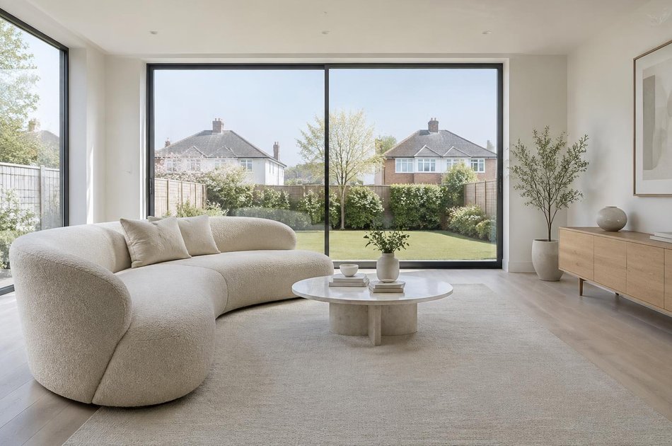 Contemporary living space opening onto a garden in Whitton