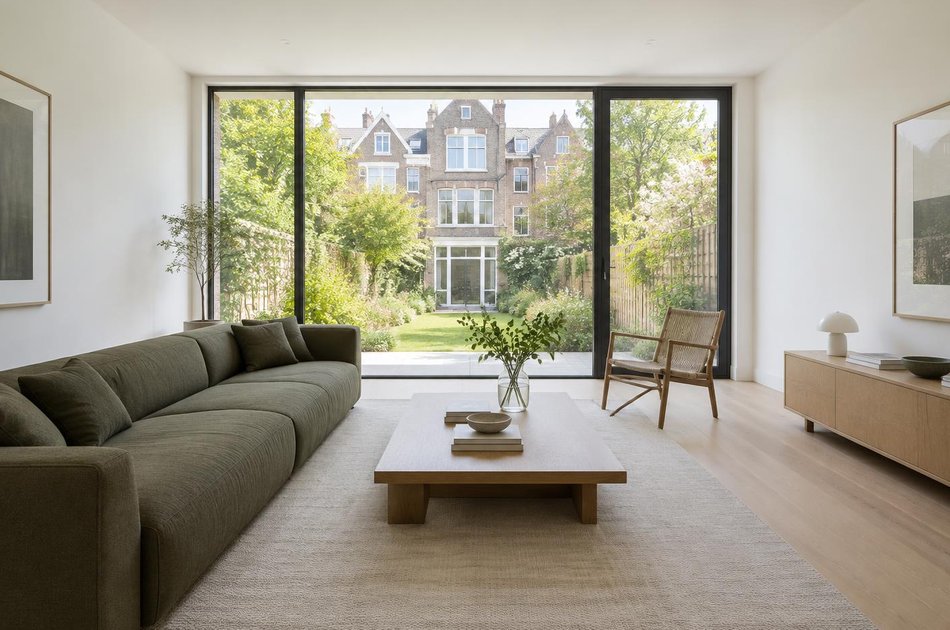 Contemporary living space opening onto a garden in Willesden Green