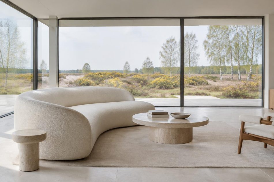 Living room with wide glazing onto heathland common in Wimbledon