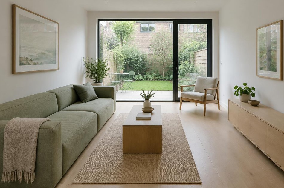 Living room with a linear sofa opening onto a garden in Wood Green