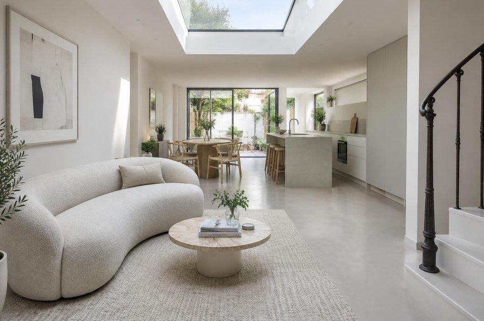 Refurbished interior with a curved sofa and retained staircase in Wood Green