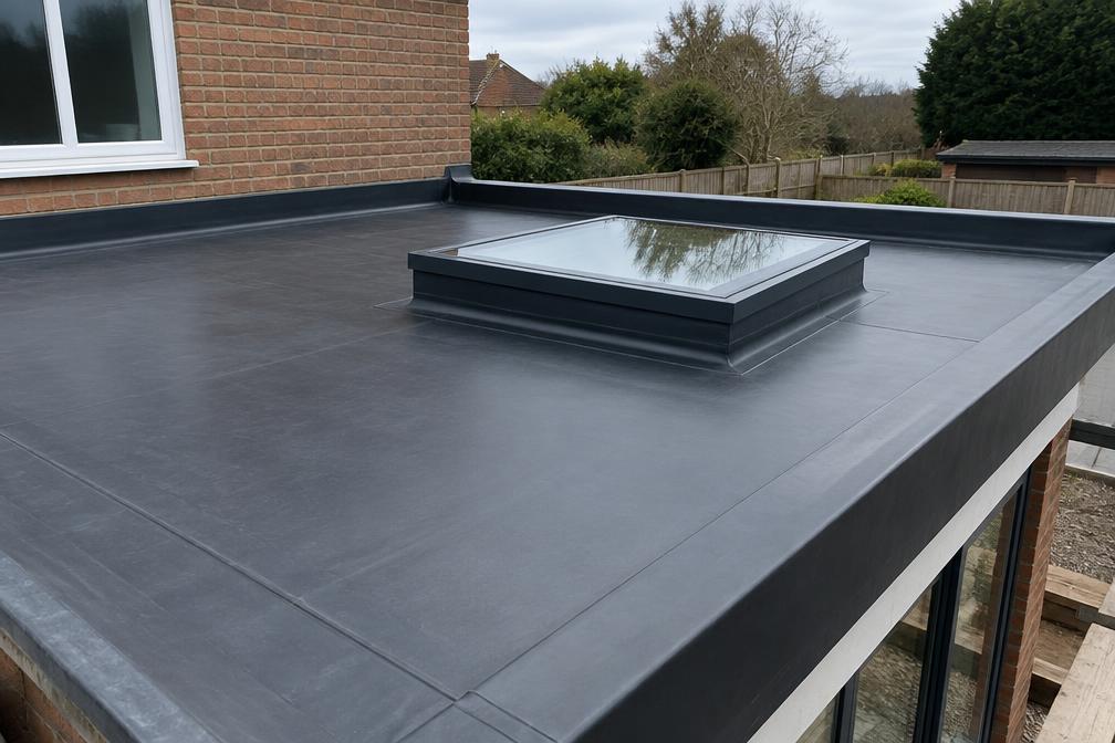 Flat roof membrane and rooflight upstand on an extension in Wood Street