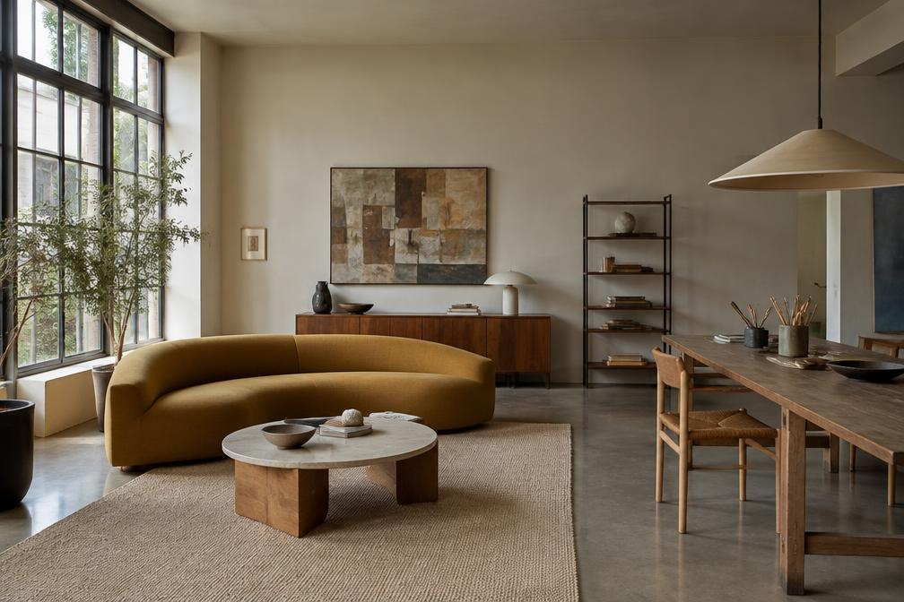 Living space with an ochre curved sofa and large worktable in Wood Street