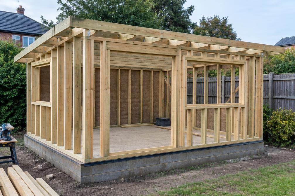 Timber frame of a garden room under construction in Woodford Bridge