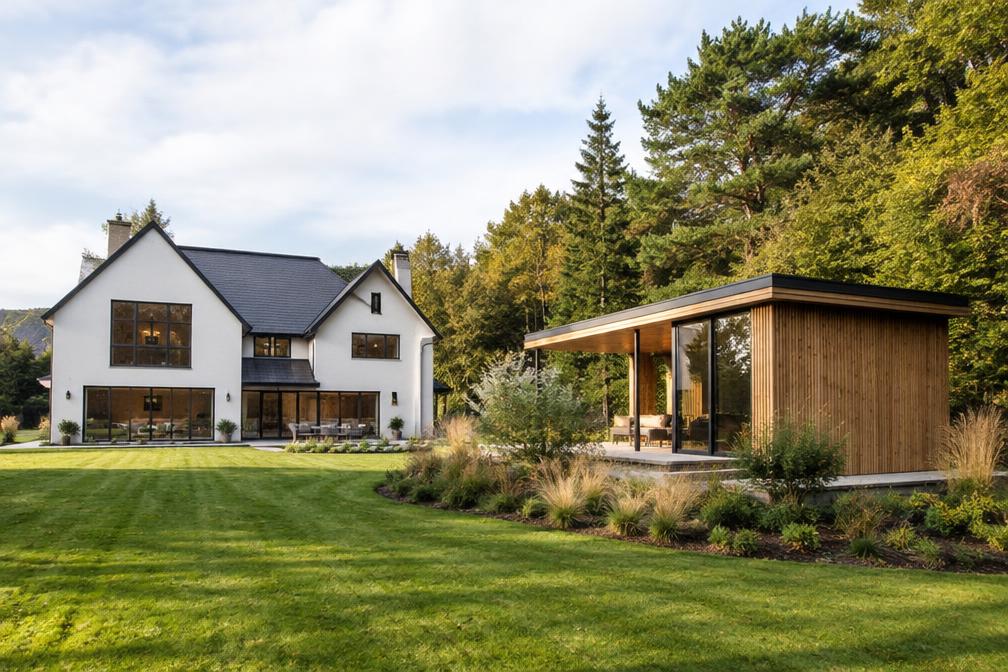 Detached house with a cedar-clad garden pavilion beside woodland in Woodford Bridge