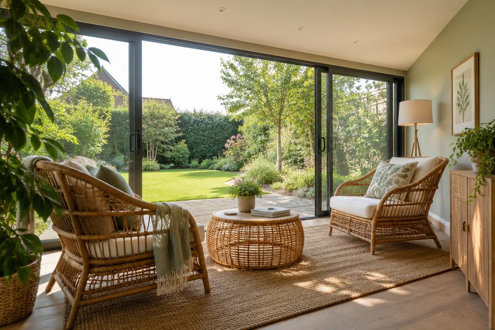 Garden room with rattan lounge chairs and sliding glazing in Woodford Bridge