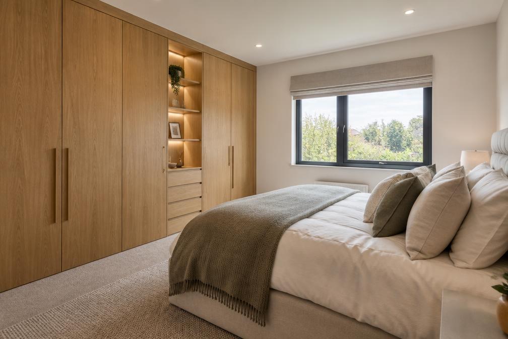 Refurbished bedroom with built-in oak veneer wardrobes in Woodford Bridge
