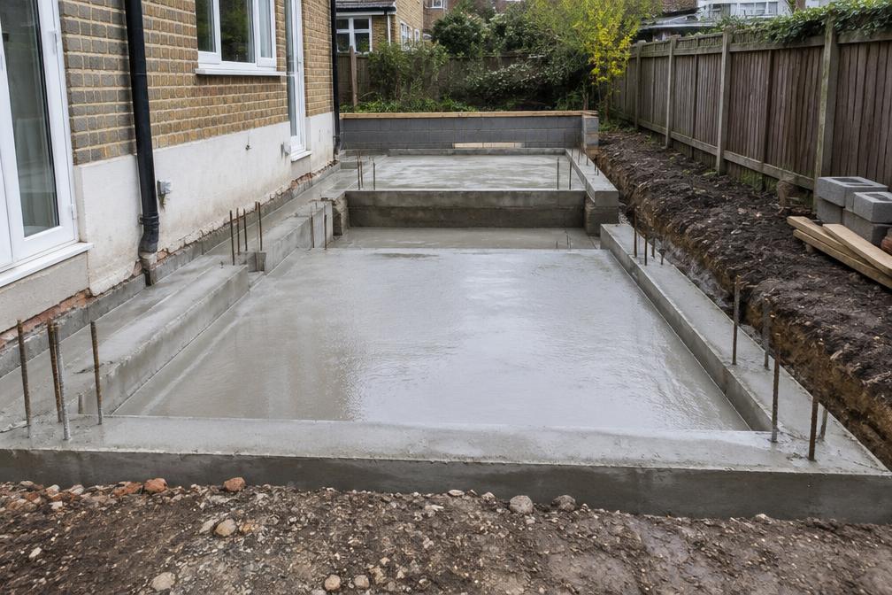 Foundations being poured for a side extension in Woodford Green