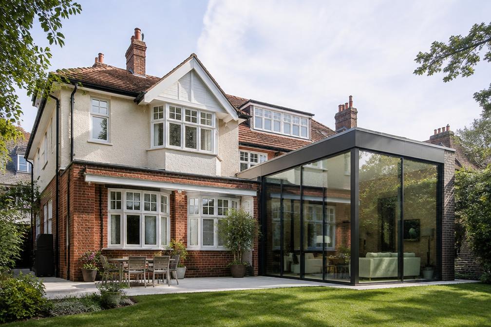 Large interwar family house with a contemporary glass wing in Woodford Green