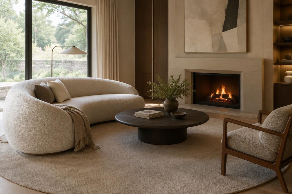 Sitting room with a sculptural curved sofa facing a fireplace in Woodford Green