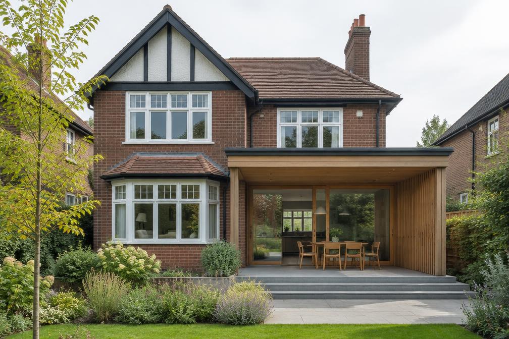 Arts and Crafts house with a sensitive modern porch addition in Woodford Green