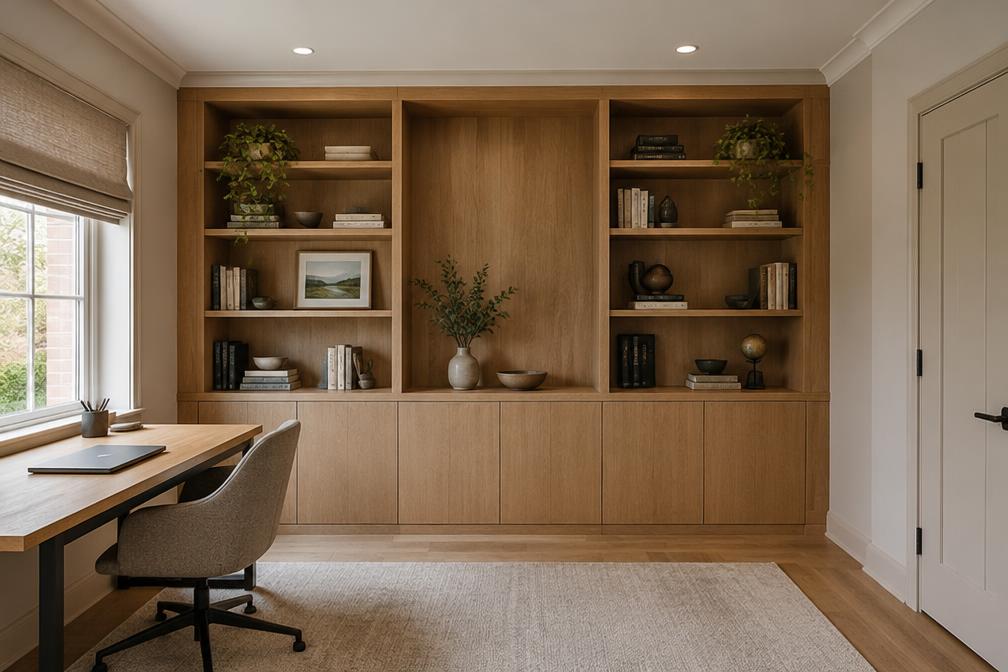 Refurbished home office with built-in shelving in Woodford Green