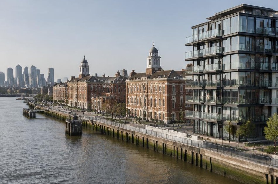 Royal Arsenal riverside buildings beside a contemporary glass residential block in Woolwich