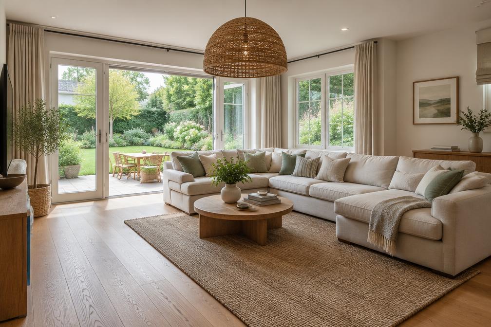 Garden-facing family room with sectional sofa, rattan pendant and oak floor