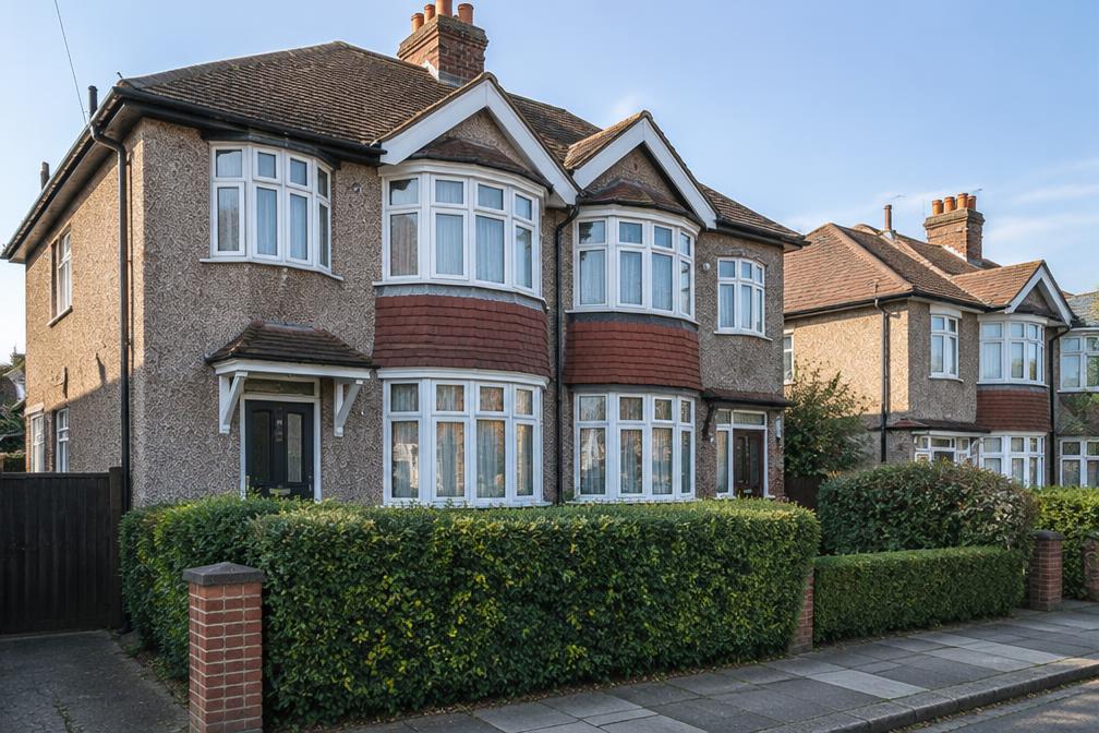 Inter-war semi-detached houses with pebbledash, bay windows and front hedges