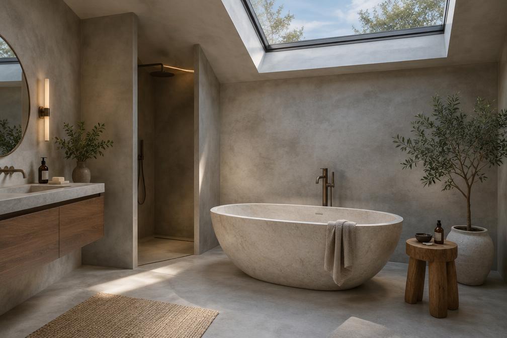Refurbished bathroom with micro-cement walls, freestanding stone bath and skylight