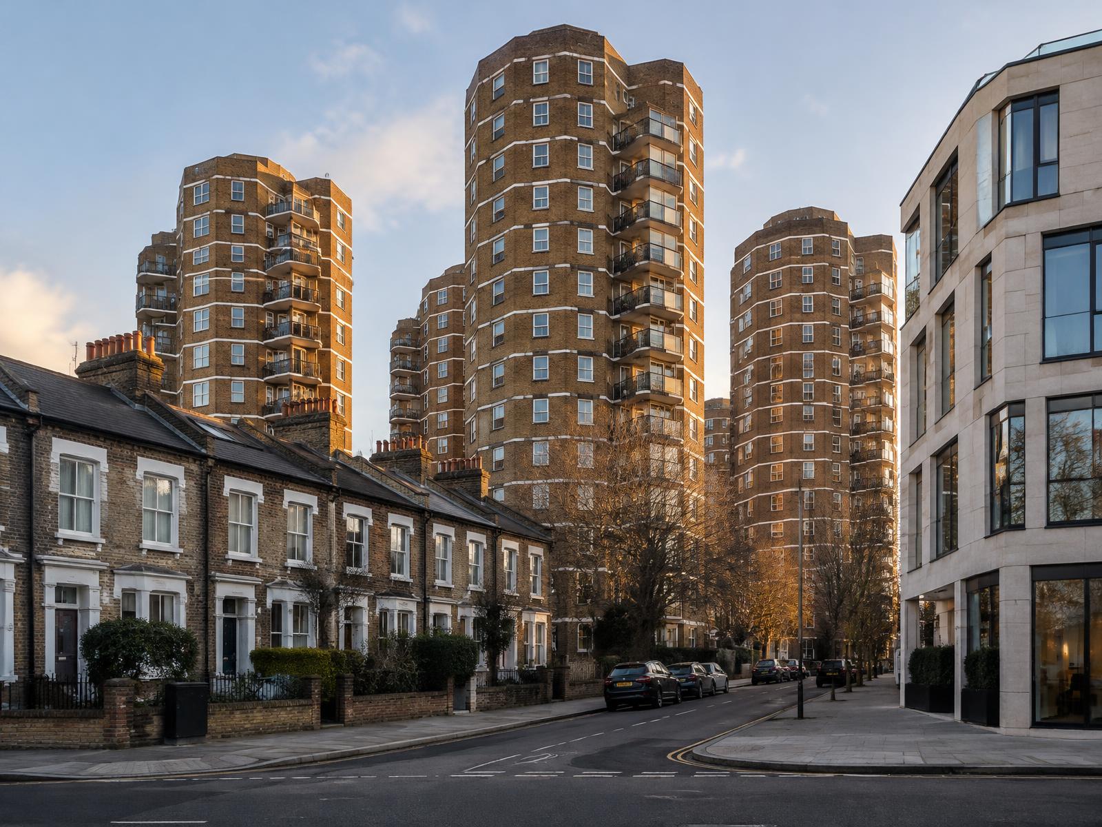 Victorian terraced houses with the staggered brick towers of the World's End Estate behind and a contemporary stone and glass building on the corner