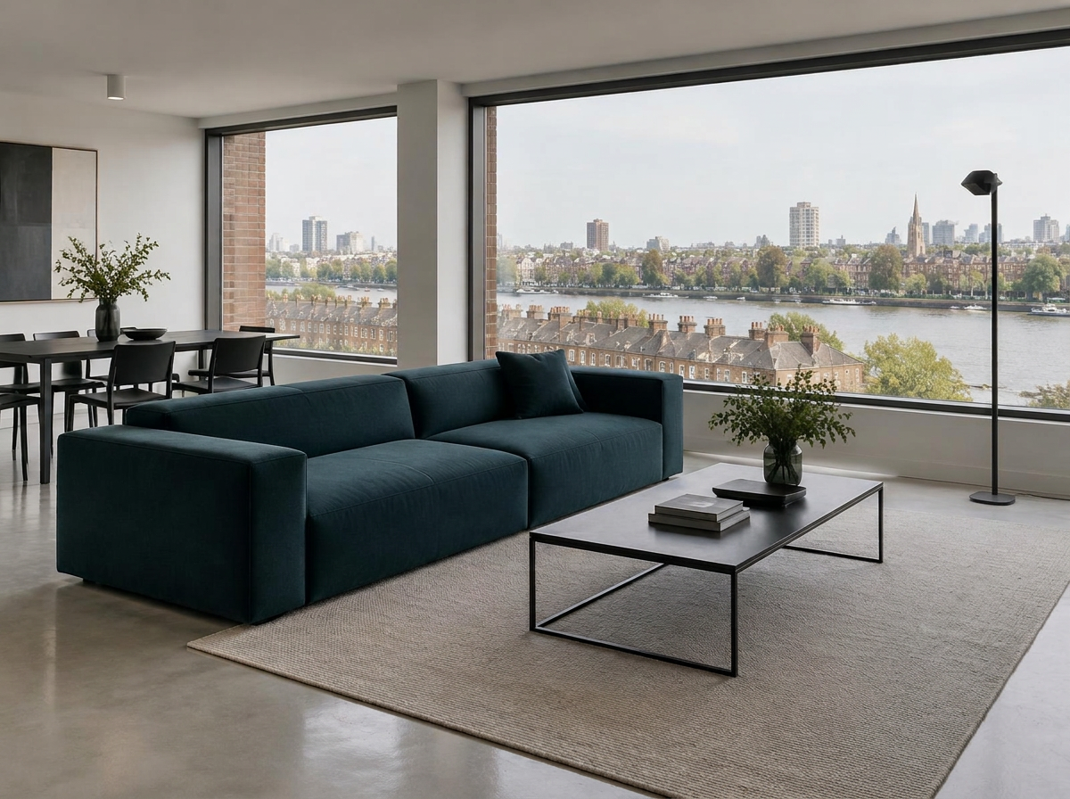 Minimalist apartment with a square-edged teal sofa and wide windows over the Thames and Chelsea rooftops